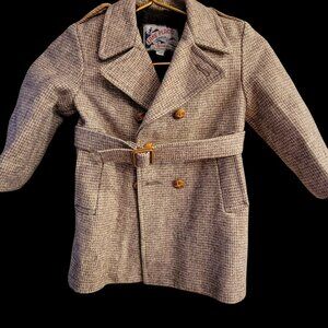 Vintage Lake Placid Boys Houndstooth Wool Double-Breasted Coat W/ Belt